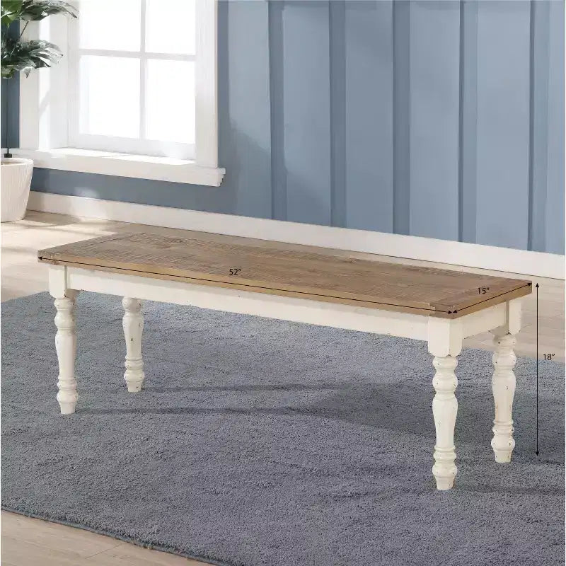Two-Tone Wood Dining Bench, Antique White and Distressed Oak
