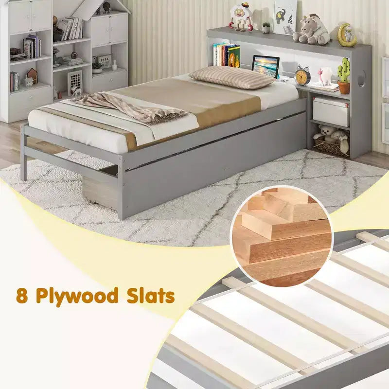 Twin Size Bed Frame with LED Light and Power Outlet, Bookcase Headboard, Drawers, White/Gray