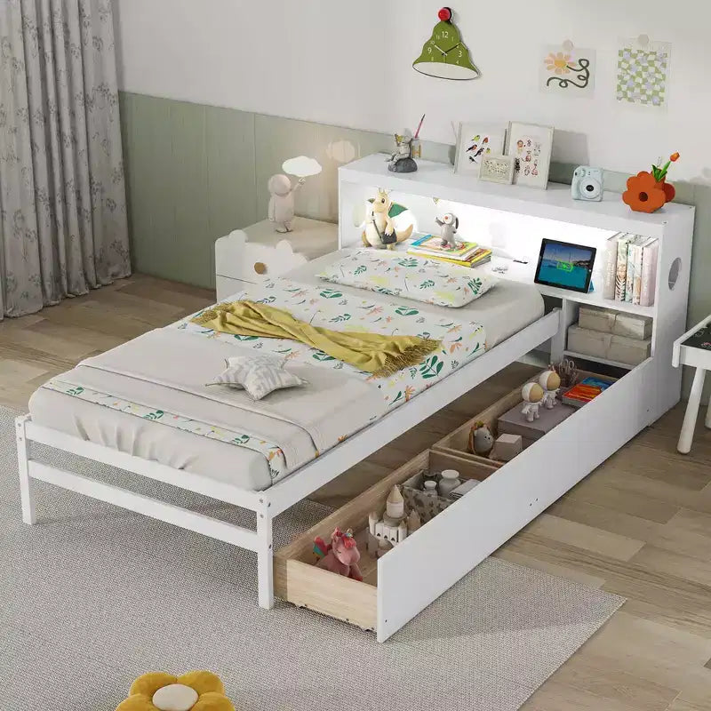 Twin Size Bed Frame with LED Light and Power Outlet, Bookcase Headboard, Drawers, White/Gray