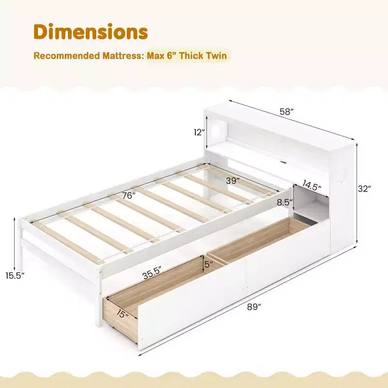 Twin Size Bed Frame with LED Light and Power Outlet, Bookcase Headboard, Drawers, White/Gray