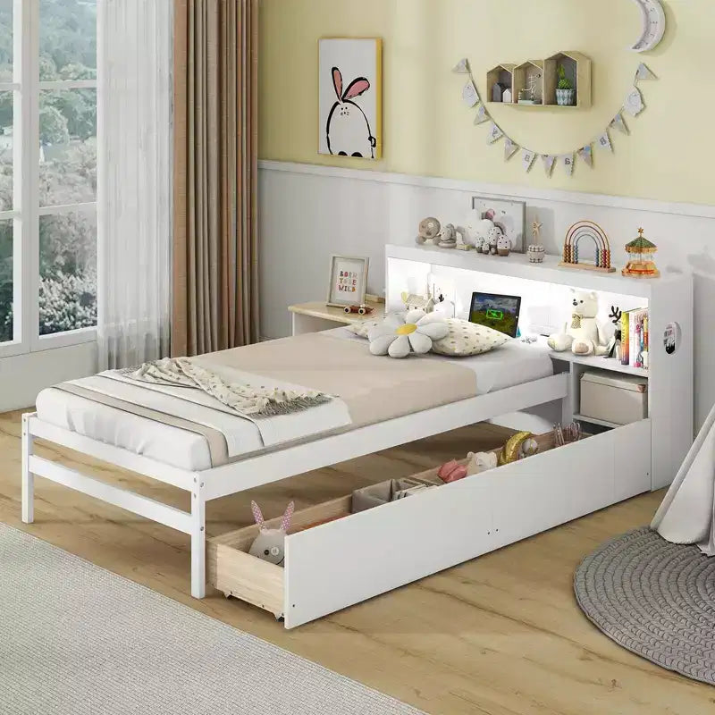Twin Size Bed Frame with LED Light and Power Outlet, Bookcase Headboard, Drawers, White/Gray