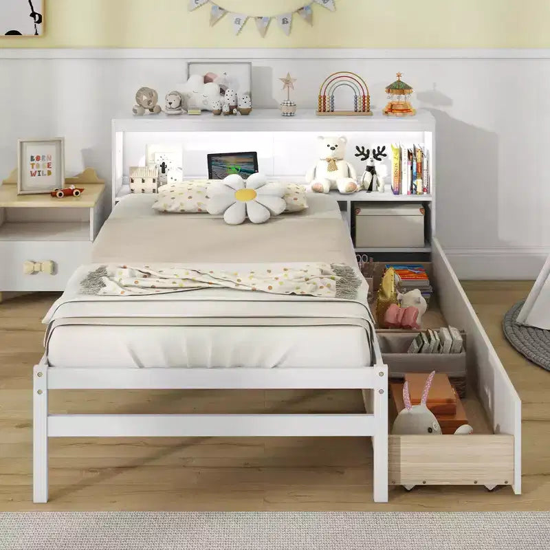 Twin Size Bed Frame with LED Light and Power Outlet, Bookcase Headboard, Drawers, White/Gray