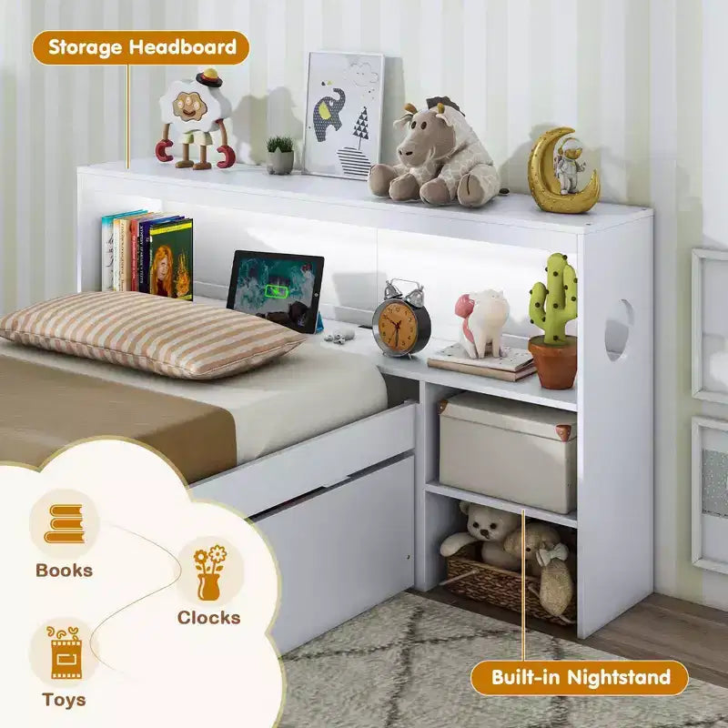 Twin Size Bed Frame with LED Light and Power Outlet, Bookcase Headboard, Drawers, White/Gray