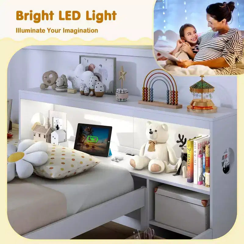 Twin Size Bed Frame with LED Light and Power Outlet, Bookcase Headboard, Drawers, White/Gray
