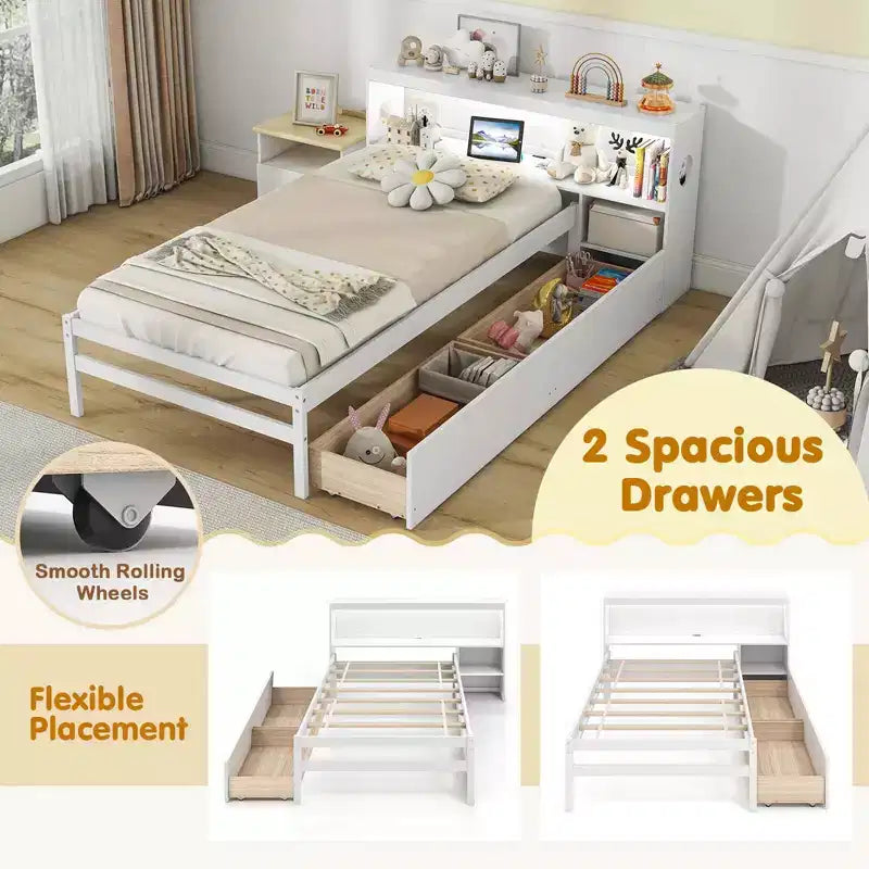 Twin Size Bed Frame with LED Light and Power Outlet, Bookcase Headboard, Drawers, White/Gray