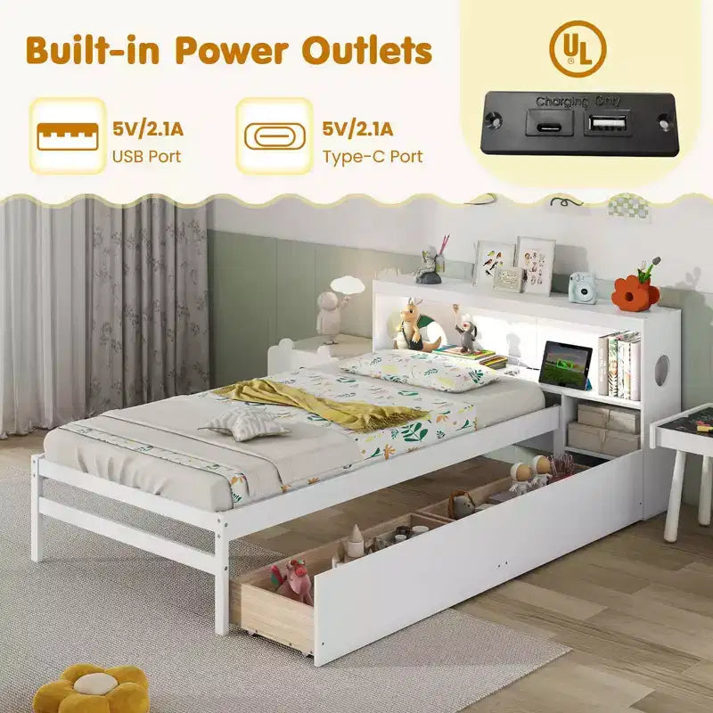 Twin Size Bed Frame with LED Light and Power Outlet, Bookcase Headboard, Drawers, White/Gray