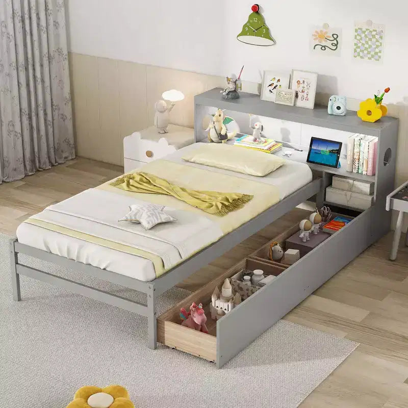 Twin Size Bed Frame with LED Light and Power Outlet, Bookcase Headboard, Drawers, White/Gray