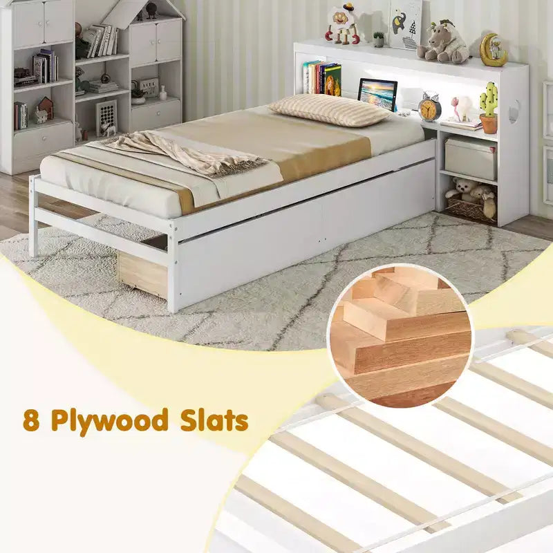 Twin Size Bed Frame with LED Light and Power Outlet, Bookcase Headboard, Drawers, White/Gray