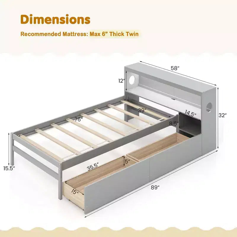 Twin Size Bed Frame with LED Light and Power Outlet, Bookcase Headboard, Drawers, White/Gray