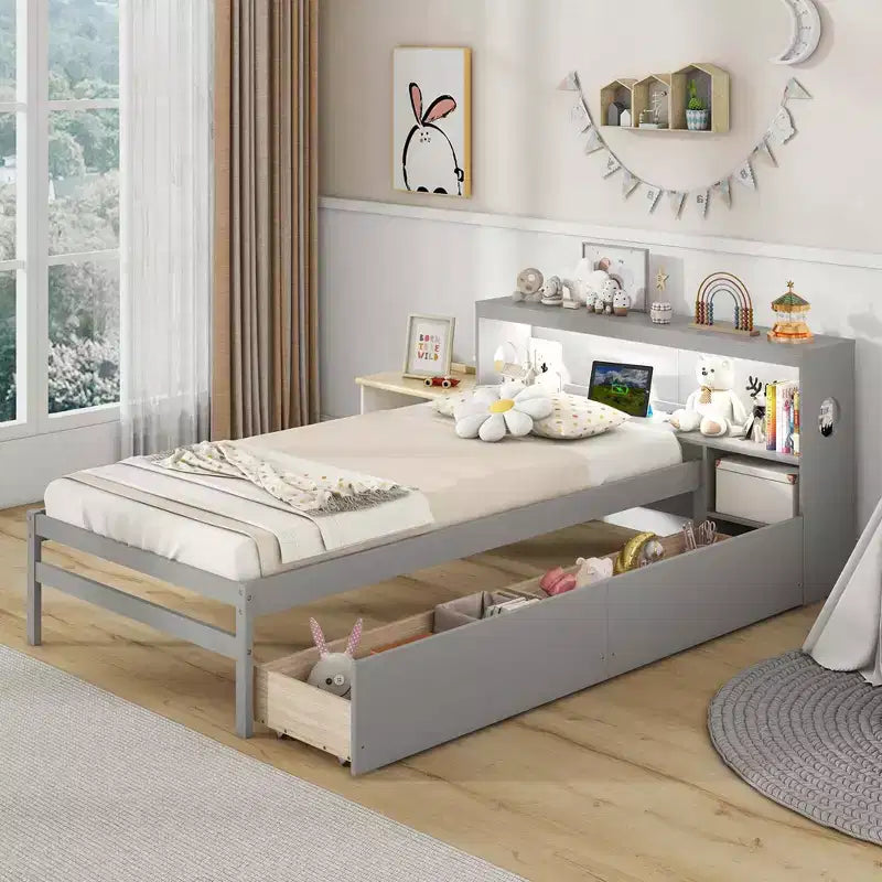 Twin Size Bed Frame with LED Light and Power Outlet, Bookcase Headboard, Drawers, White/Gray