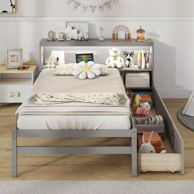 Twin Size Bed Frame with LED Light and Power Outlet, Bookcase Headboard, Drawers, White/Gray