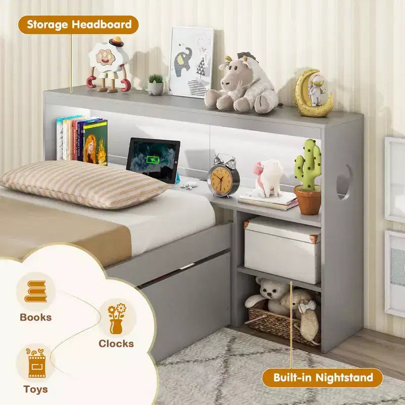 Twin Size Bed Frame with LED Light and Power Outlet, Bookcase Headboard, Drawers, White/Gray