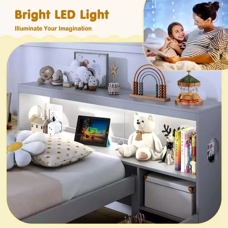 Twin Size Bed Frame with LED Light and Power Outlet, Bookcase Headboard, Drawers, White/Gray