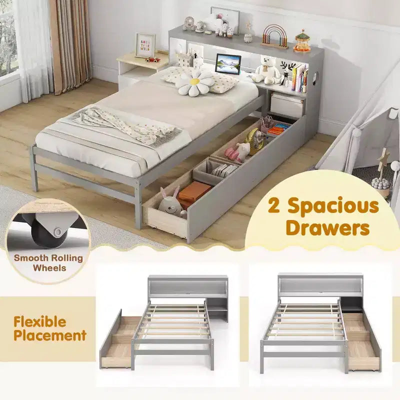 Twin Size Bed Frame with LED Light and Power Outlet, Bookcase Headboard, Drawers, White/Gray