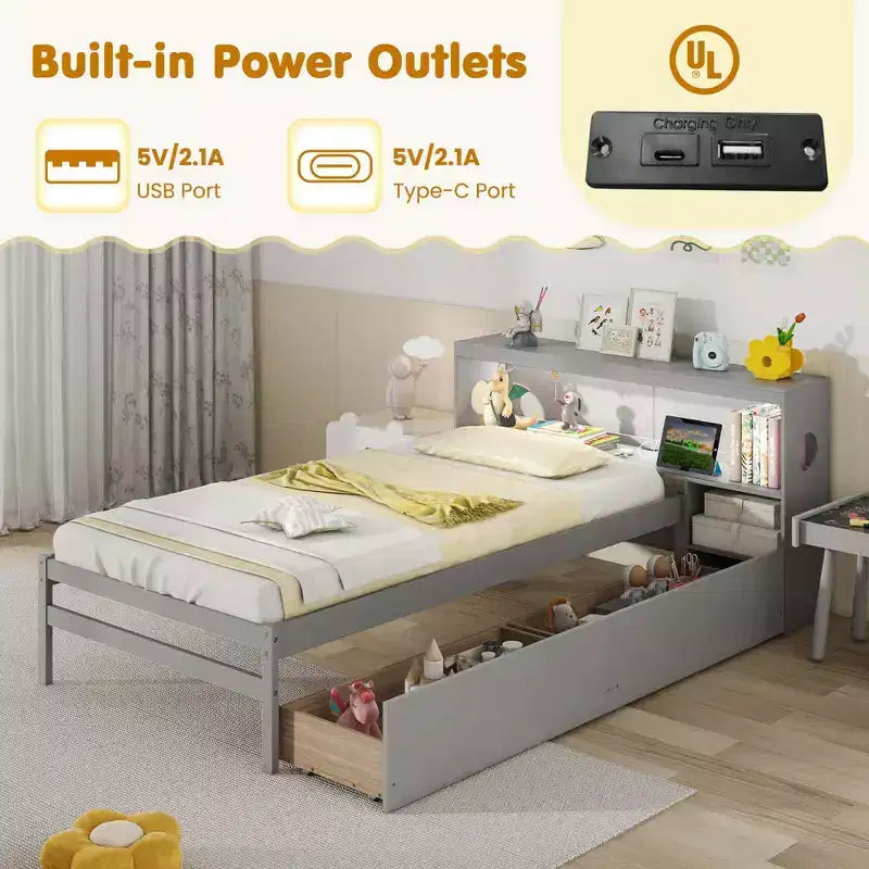 Twin Size Bed Frame with LED Light and Power Outlet, Bookcase Headboard, Drawers, White/Gray