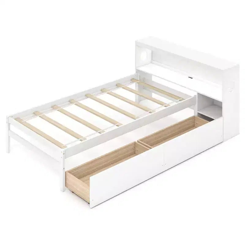 Twin Size Bed Frame with LED Light and Power Outlet, Bookcase Headboard, Drawers, White/Gray