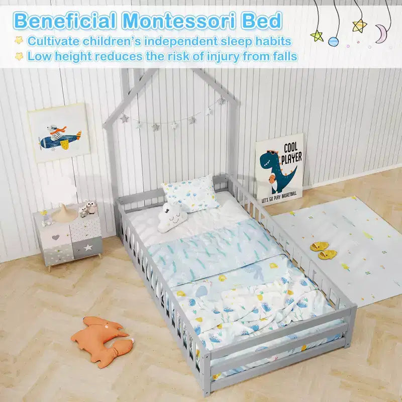Twin Size Montessori Floor Bed for Toddler with Lockable Door Full-Length Guardrail Gray/White