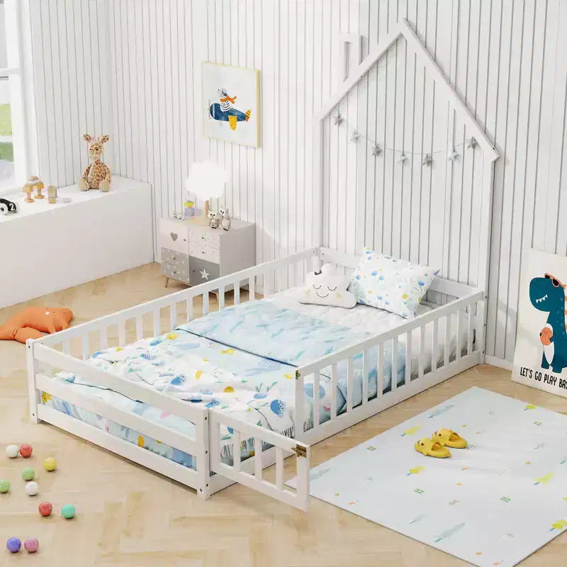 Twin Size Montessori Floor Bed for Toddler with Lockable Door Full-Length Guardrail Gray/White