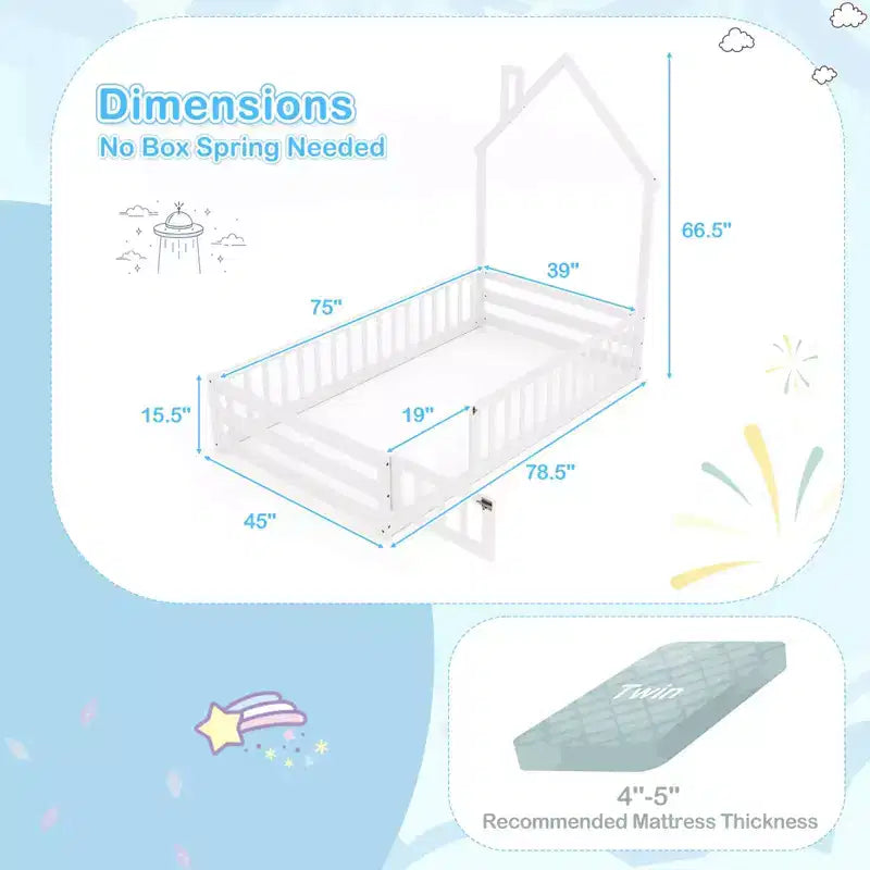 Twin Size Montessori Floor Bed for Toddler with Lockable Door Full-Length Guardrail Gray/White