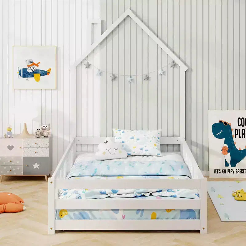 Twin Size Montessori Floor Bed for Toddler with Lockable Door Full-Length Guardrail Gray/White