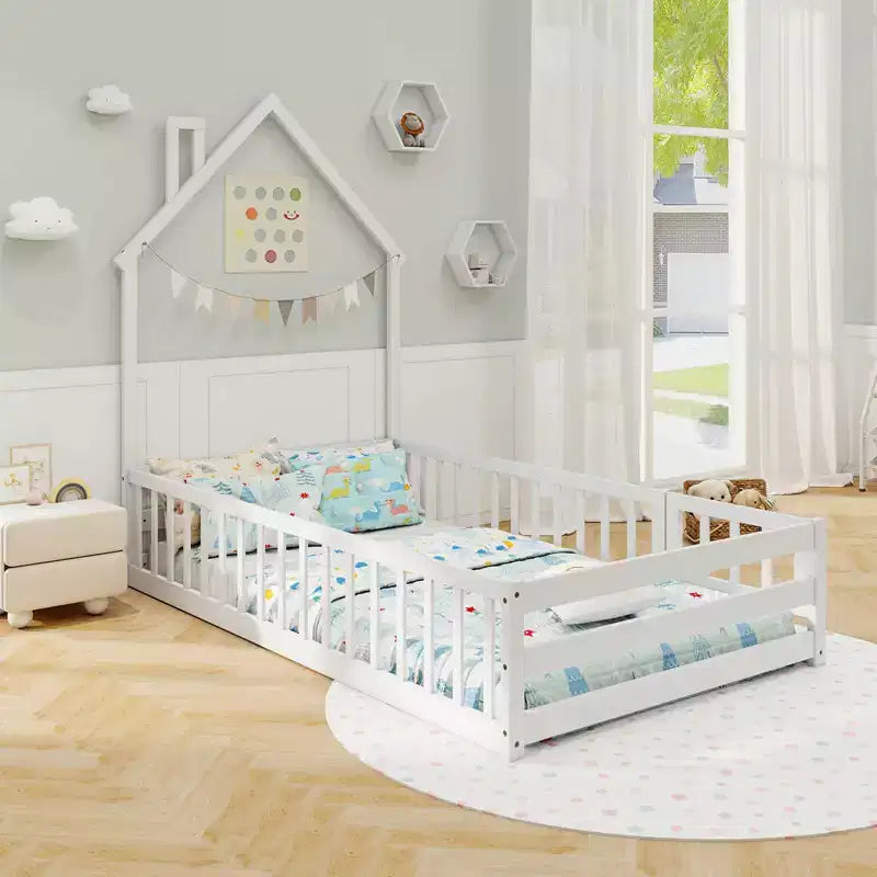 Twin Size Montessori Floor Bed for Toddler with Lockable Door Full-Length Guardrail Gray/White