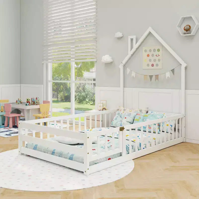 Twin Size Montessori Floor Bed for Toddler with Lockable Door Full-Length Guardrail Gray/White