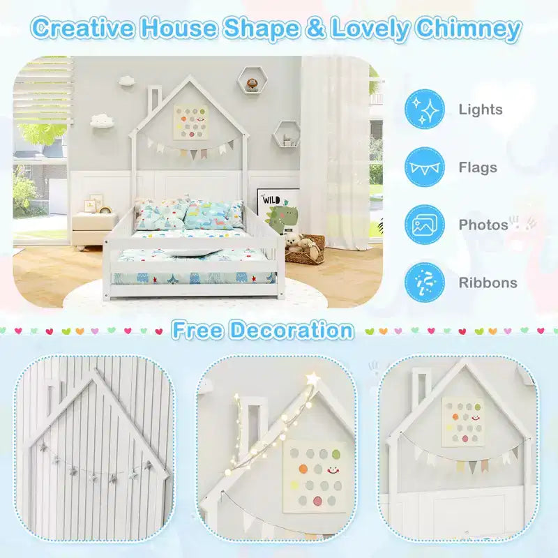Twin Size Montessori Floor Bed for Toddler with Lockable Door Full-Length Guardrail Gray/White