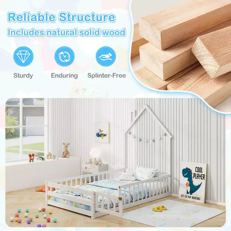 Twin Size Montessori Floor Bed for Toddler with Lockable Door Full-Length Guardrail Gray/White