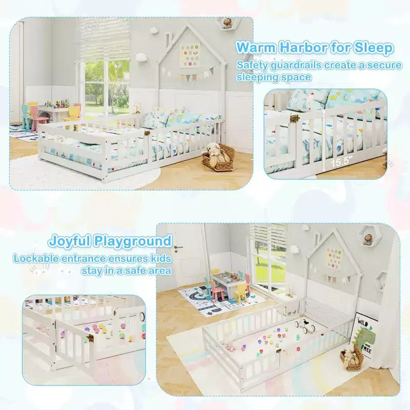 Twin Size Montessori Floor Bed for Toddler with Lockable Door Full-Length Guardrail Gray/White