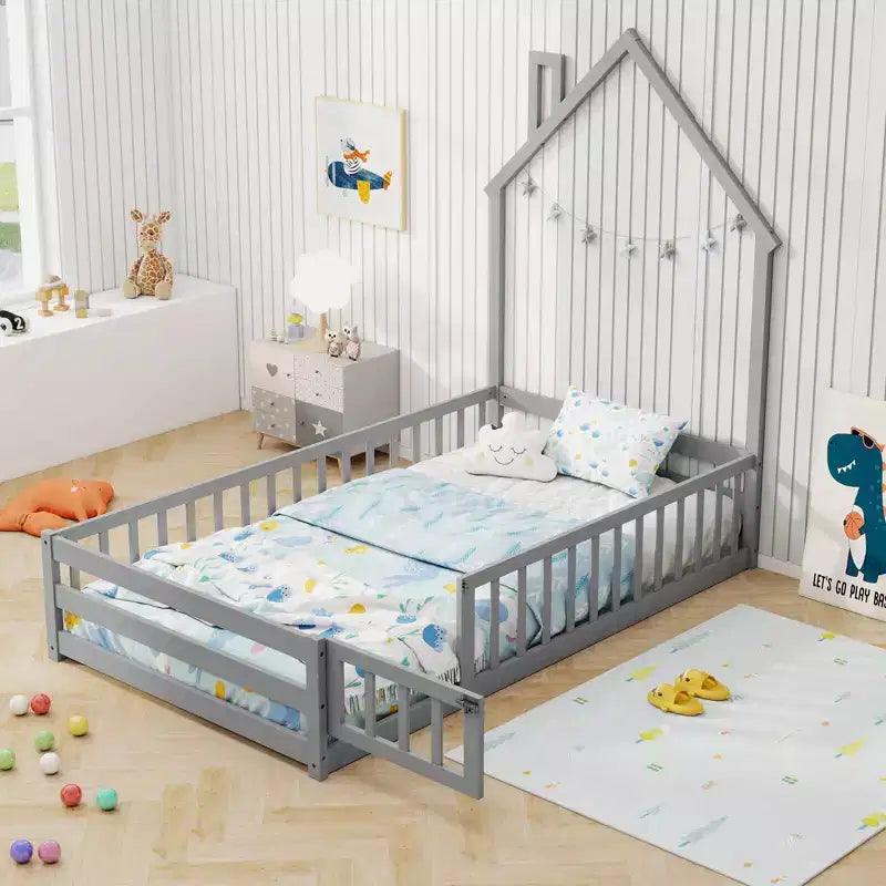 Twin Size Montessori Floor Bed for Toddler with Lockable Door Full-Length Guardrail Gray/White