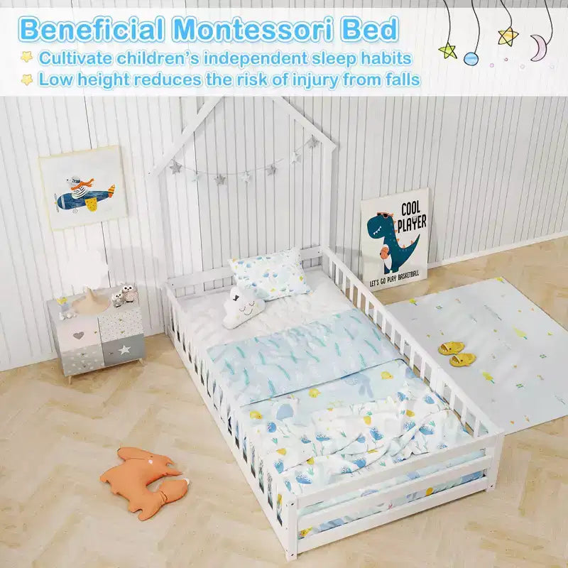Twin Size Montessori Floor Bed for Toddler with Lockable Door Full-Length Guardrail Gray/White