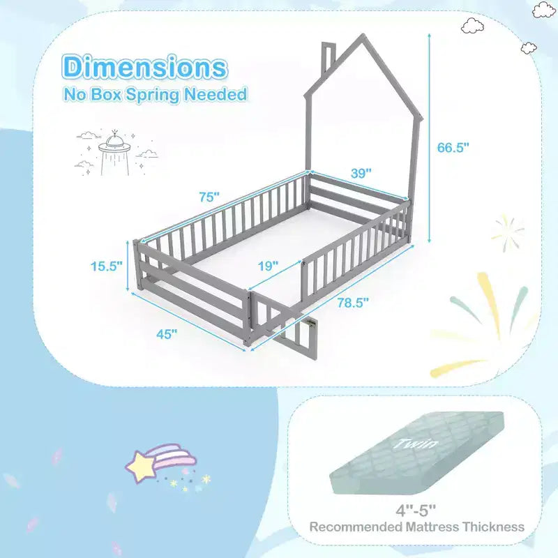 Twin Size Montessori Floor Bed for Toddler with Lockable Door Full-Length Guardrail Gray/White