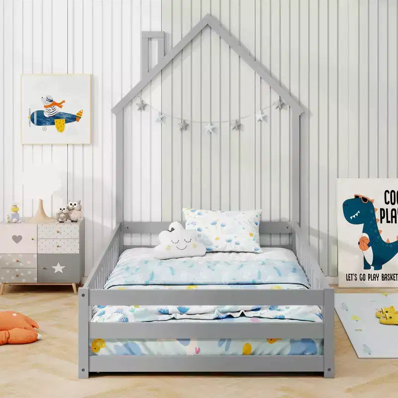 Twin Size Montessori Floor Bed for Toddler with Lockable Door Full-Length Guardrail Gray/White