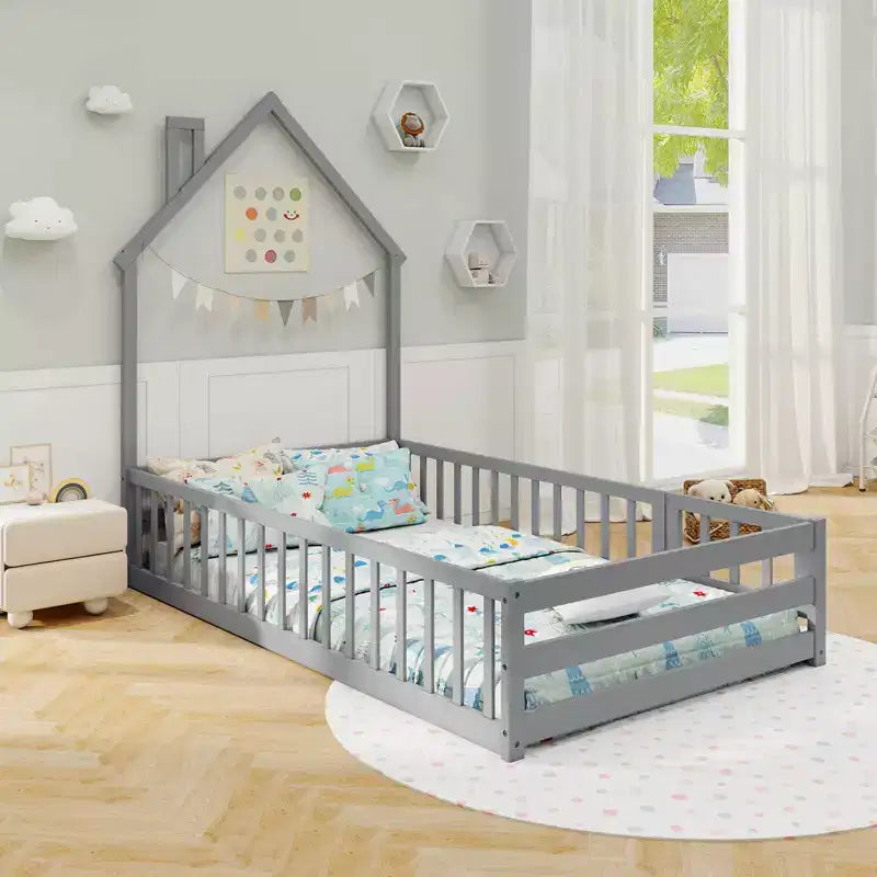 Twin Size Montessori Floor Bed for Toddler with Lockable Door Full-Length Guardrail Gray/White