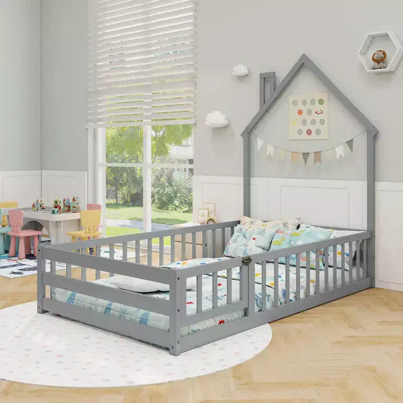 Twin Size Montessori Floor Bed for Toddler with Lockable Door Full-Length Guardrail Gray/White