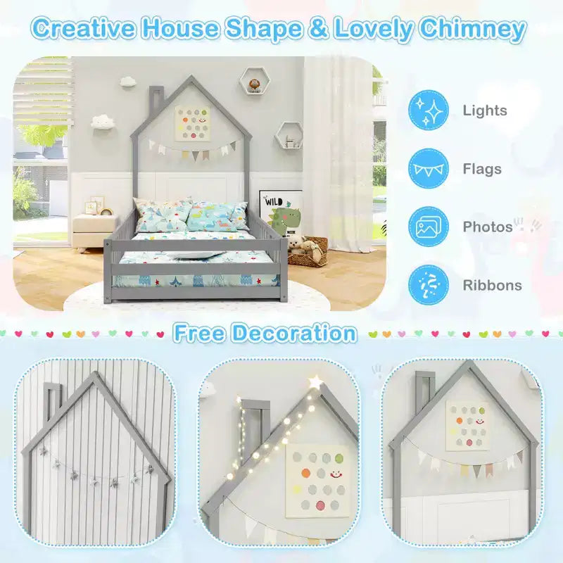 Twin Size Montessori Floor Bed for Toddler with Lockable Door Full-Length Guardrail Gray/White