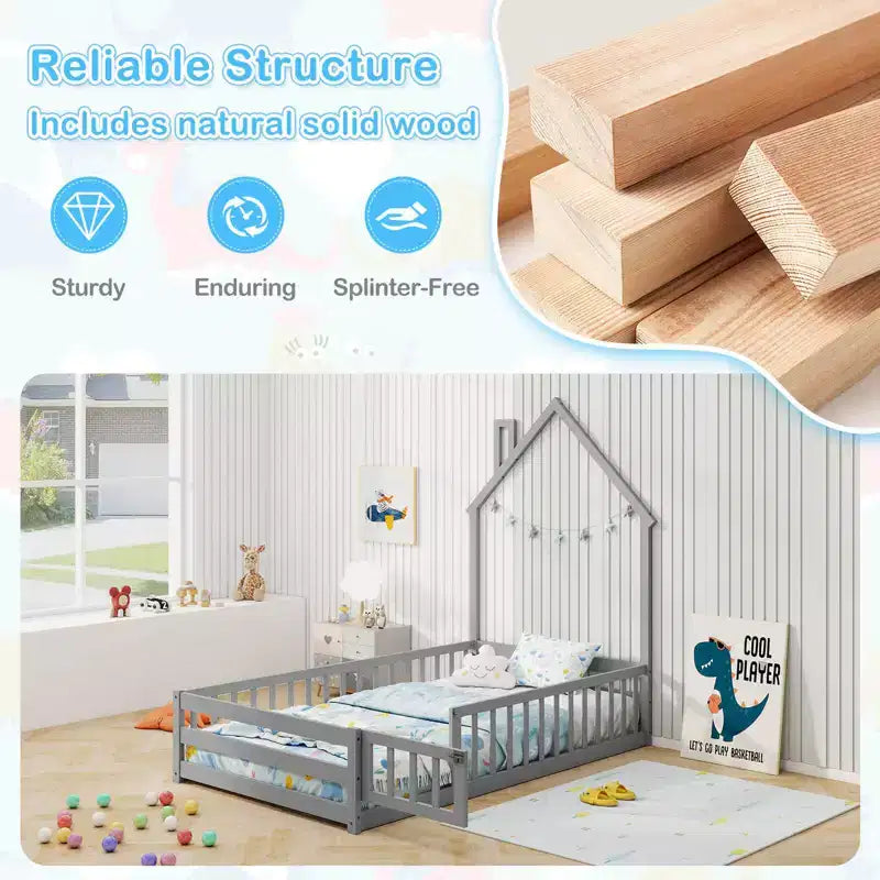 Twin Size Montessori Floor Bed for Toddler with Lockable Door Full-Length Guardrail Gray/White