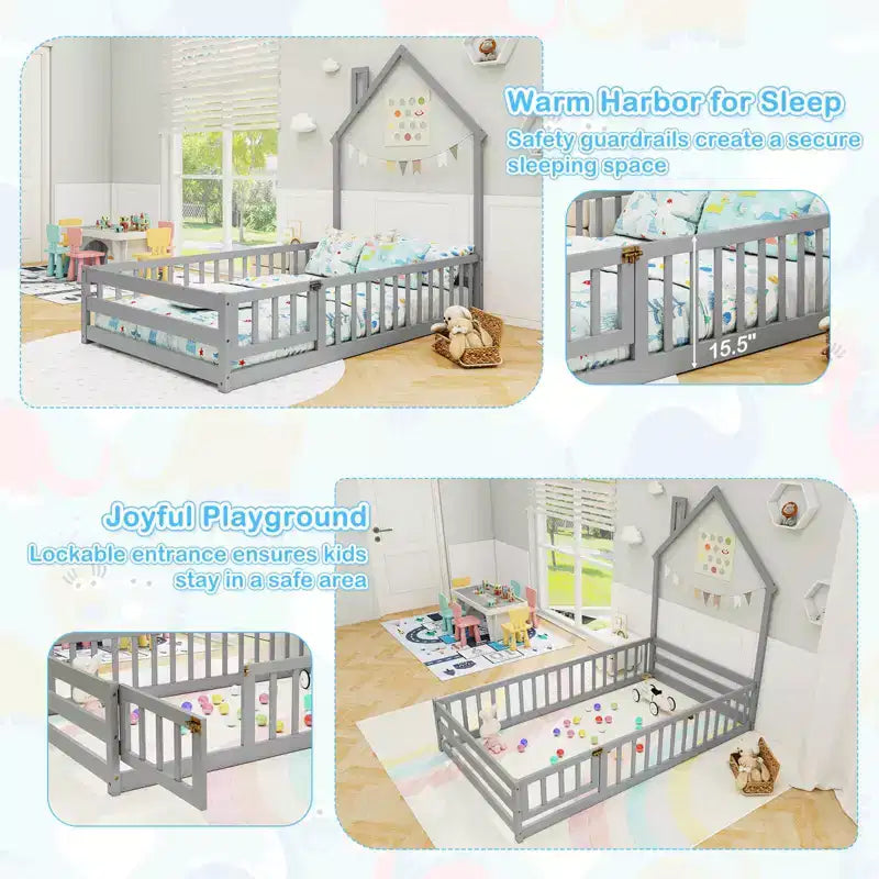 Twin Size Montessori Floor Bed for Toddler with Lockable Door Full-Length Guardrail Gray/White