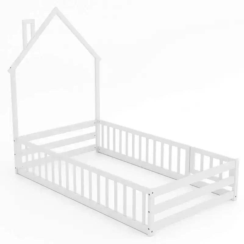 Twin Size Montessori Floor Bed for Toddler with Lockable Door Full-Length Guardrail Gray/White