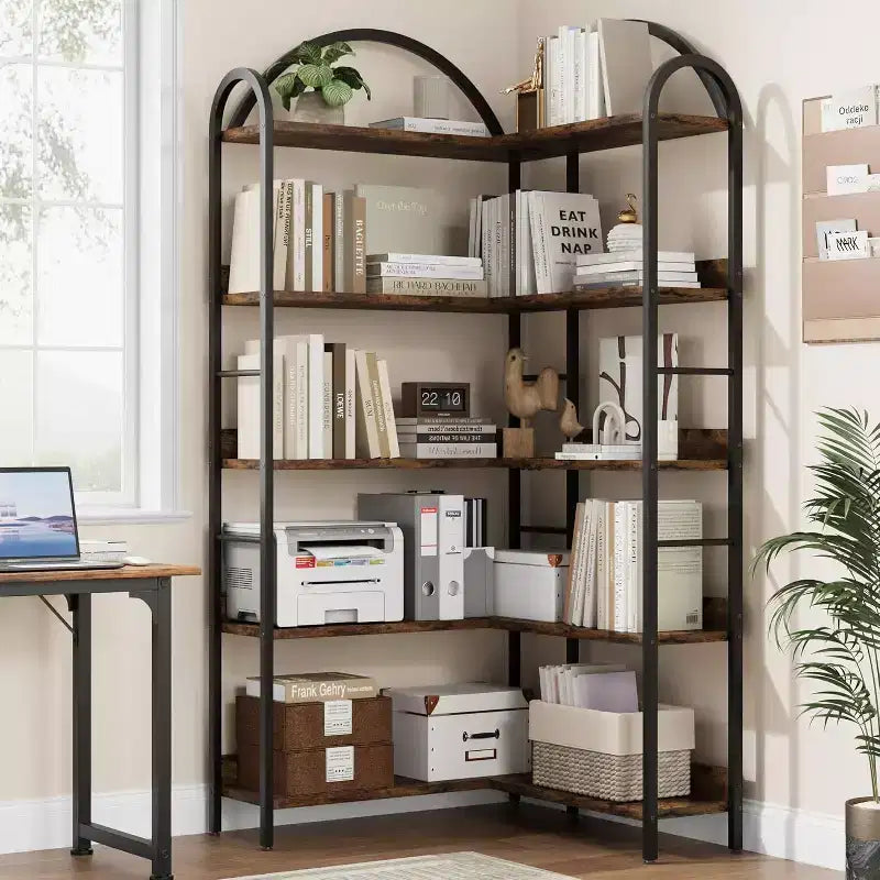 Corner Bookshelf, L Shaped Bookshelf Arched 5 Tier Corner Shelf with Metal Frame for Living Room Bedroom