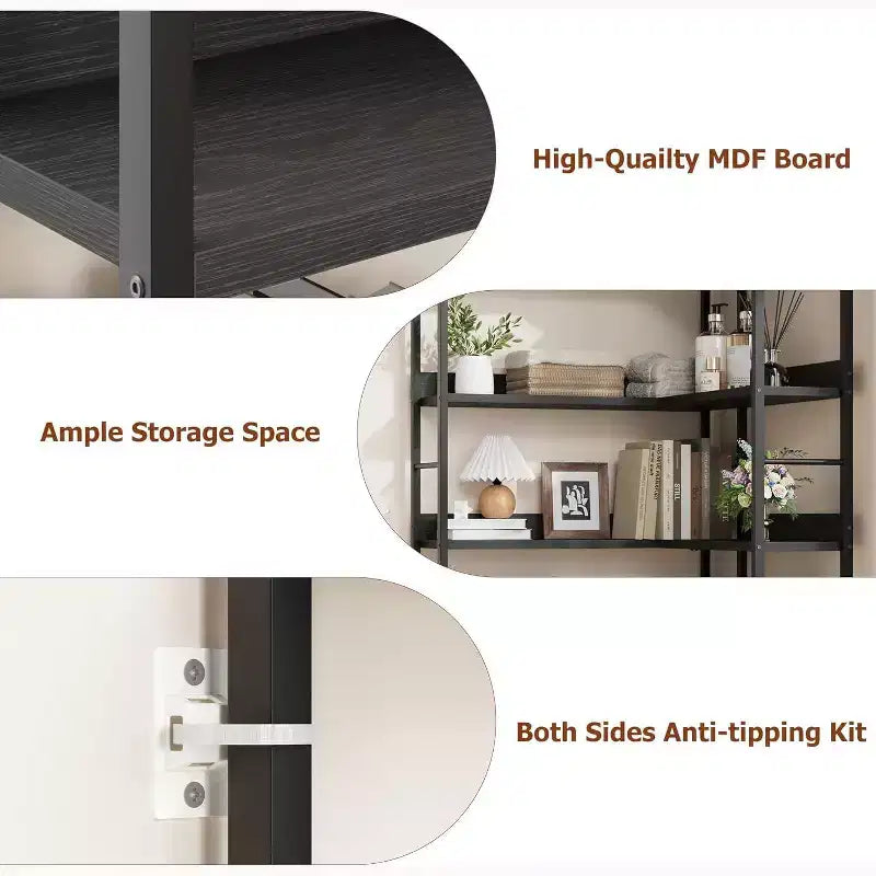 Corner Bookshelf, L Shaped Bookshelf Arched 5 Tier Corner Shelf with Metal Frame for Living Room Bedroom