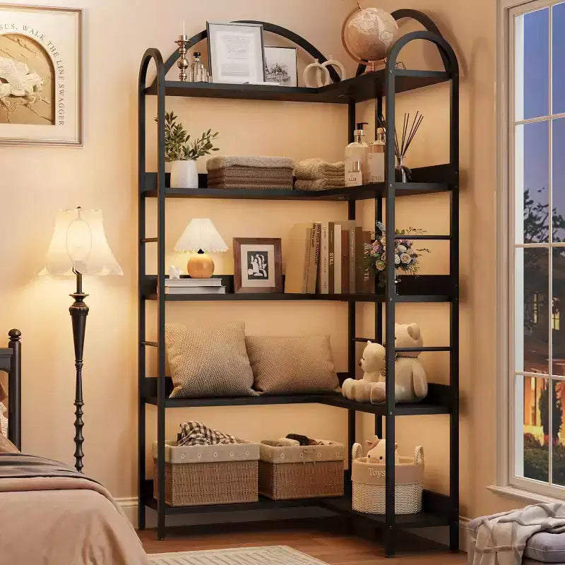 Corner Bookshelf, L Shaped Bookshelf Arched 5 Tier Corner Shelf with Metal Frame for Living Room Bedroom