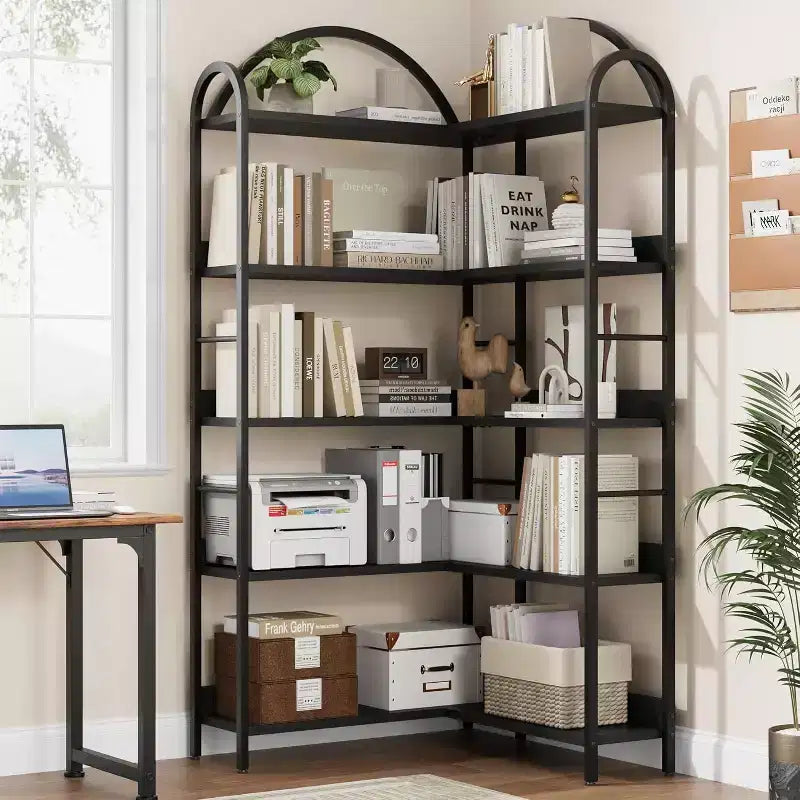 Corner Bookshelf, L Shaped Bookshelf Arched 5 Tier Corner Shelf with Metal Frame for Living Room Bedroom