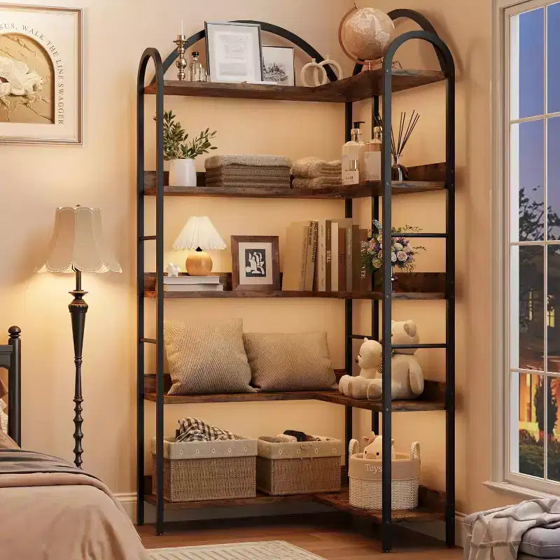 Corner Bookshelf, L Shaped Bookshelf Arched 5 Tier Corner Shelf with Metal Frame for Living Room Bedroom