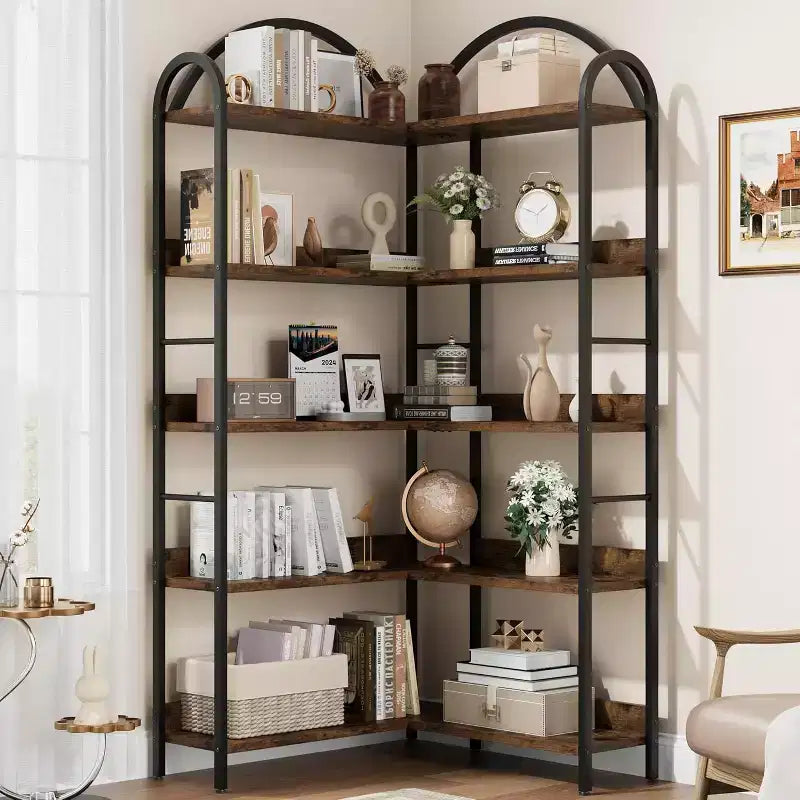 Corner Bookshelf, L Shaped Bookshelf Arched 5 Tier Corner Shelf with Metal Frame for Living Room Bedroom