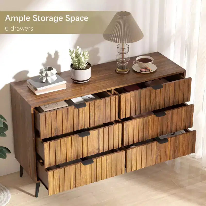 47 Fluted 6 Drawer Dresser, Modern Dressers for Bedroom, Wood Dresser Organizer Dresser with Blister Drawers,Brown