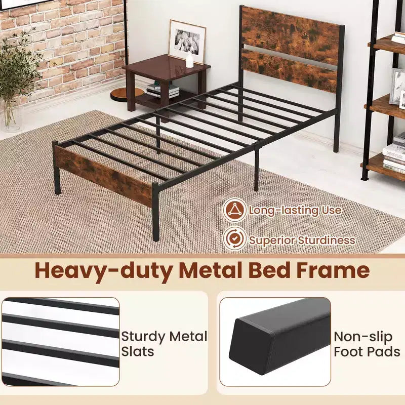 Twin/Full/Queen/King Size Industrial Platform Bed Frame with Wooden Headboard and Under-Bed Storage, No Box Spring Needed