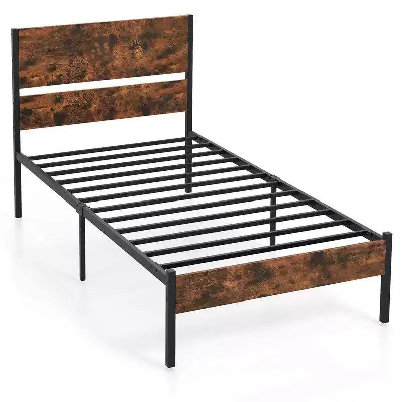 Twin/Full/Queen/King Size Industrial Platform Bed Frame with Wooden Headboard and Under-Bed Storage, No Box Spring Needed