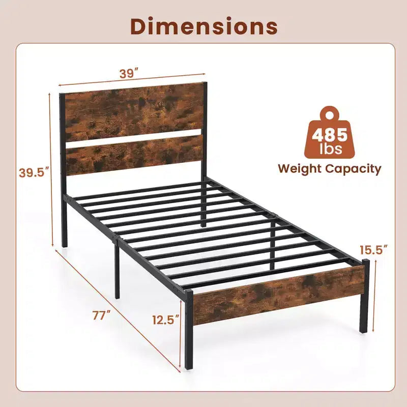 Twin/Full/Queen/King Size Industrial Platform Bed Frame with Wooden Headboard and Under-Bed Storage, No Box Spring Needed