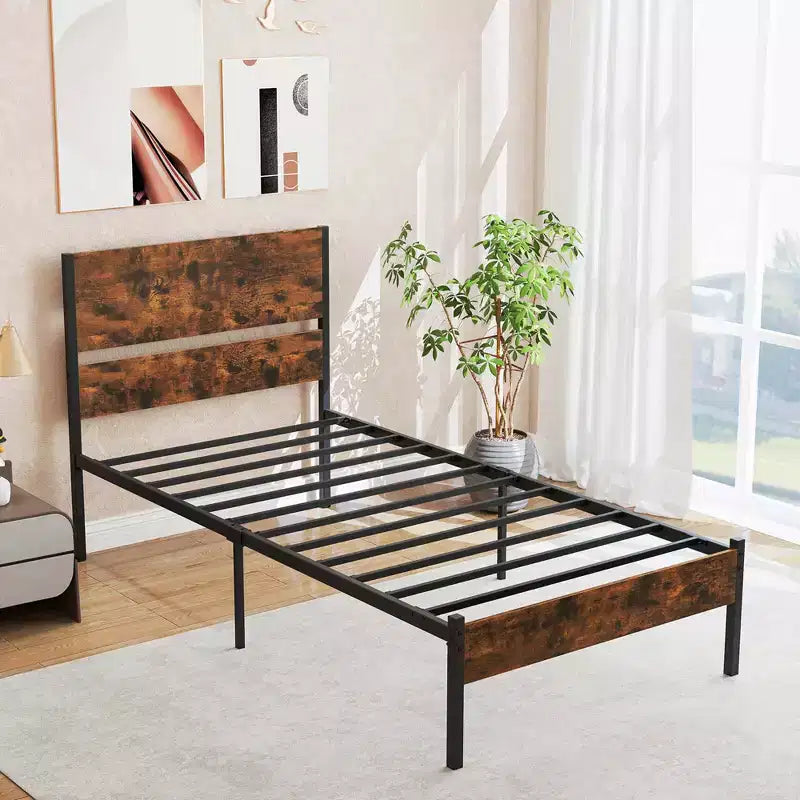 Twin/Full/Queen/King Size Industrial Platform Bed Frame with Wooden Headboard and Under-Bed Storage, No Box Spring Needed